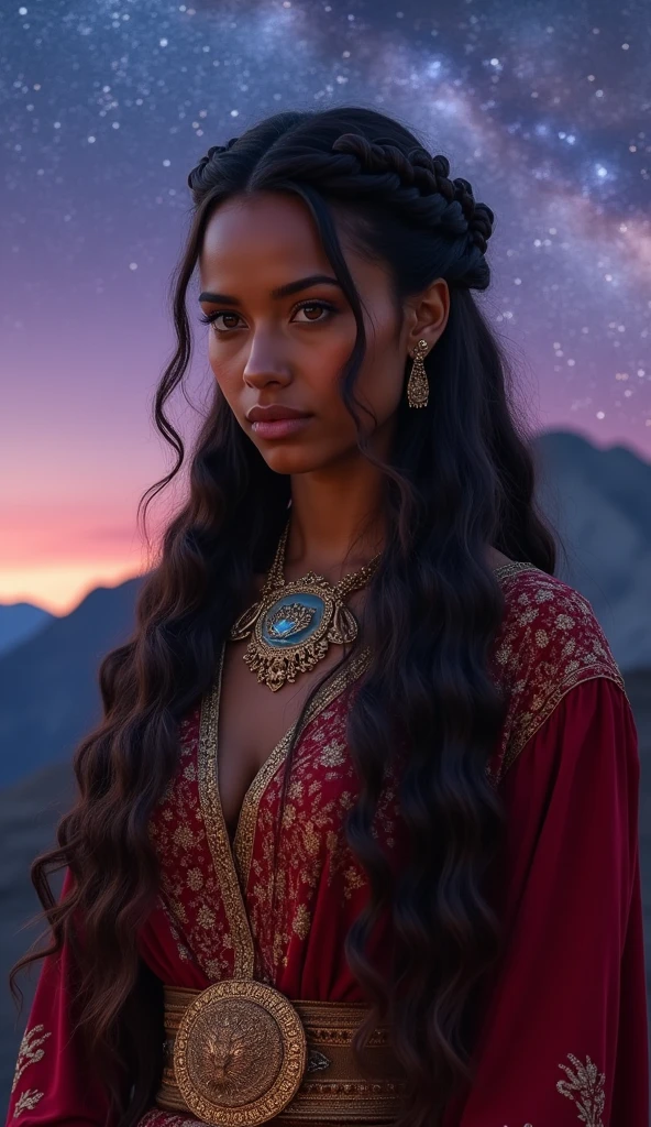 School portrait photograph of a beautiful half-Spanish, half-Black woman, in your 30s, Chocolate brown hair, long wavy hairstyle, hazel eyes, EYES LOOKING DOWN, caramel skin tone, Straight Nose, heart shaped face, fleshy lips, large breasted, 30 years old, diamond face, starry sky background, Depth of field, with royal clothes ((viking Celta)) with real hair braided with feathers, High definition art, piercing, Green gentle eyes, well defined face, Mountains in Midgard detailed and sand in the background, night with glowing sand particles illuminating the scene, style artgerm, 32 mil, ultra HD, unreal mechanism rendered, hyper-realistic image, camara canon r6 objetivo 100mm 2.8f retratoo That's a smile, posando, bust behindThis isThis is. altamThis isntThis is rThis isalistic, PThis is deathThis is the burning of the African sun, appealing, hipThis isrrThis isalism, pThis is very This is elaborate, look rightThis is, night sky, futurist, (Work of artThis is artThis is, ultra detailed, A high rThis is solution) , I don't want these to be human, There is a flow of energy, This is very real, light shades of This is purple This is blue, ultra dThis is detailThis is.