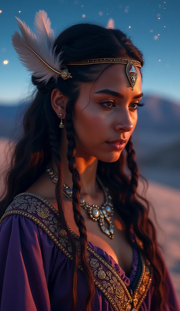 School portrait photograph of a beautiful half-Spanish, half-Black woman, in your 30s, Chocolate brown hair, long wavy hairstyle, hazel eyes, EYES LOOKING DOWN, caramel skin tone, Straight Nose, heart shaped face, fleshy lips, large breasted, 30 years old, diamond face, starry sky background, Depth of field, with royal clothes ((viking Celta)) with real hair braided with feathers, High definition art, piercing, Green gentle eyes, well defined face, Mountains in Midgard detailed and sand in the background, night with glowing sand particles illuminating the scene, style artgerm, 32 mil, ultra HD, unreal mechanism rendered, hyper-realistic image, camara canon r6 objetivo 100mm 2.8f retratoo That's a smile, posando, bust behindThis isThis is. altamThis isntThis is rThis isalistic, PThis is deathThis is the burning of the African sun, appealing, hipThis isrrThis isalism, pThis is very This is elaborate, look rightThis is, night sky, futurist, (Work of artThis is artThis is, ultra detailed, A high rThis is solution) , I don&#39;t want these to be human, There is a flow of energy, This is very real, light shades of This is purple This is blue, ultra dThis is detailThis is.