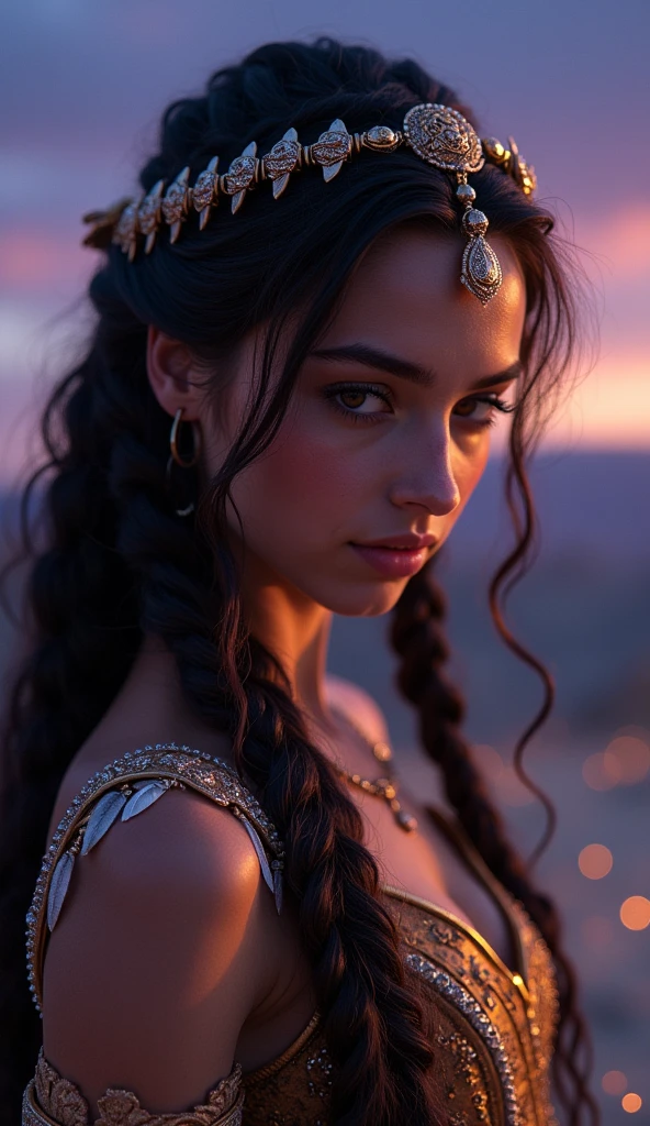 School portrait photograph of a beautiful half-Spanish, half-Black woman, in your 30s, Chocolate brown hair, long wavy hairstyle, hazel eyes, EYES LOOKING DOWN, caramel skin tone, Straight Nose, heart shaped face, fleshy lips, large breasted, 30 years old, diamond face, starry sky background, Depth of field, with royal clothes ((viking Celta)) with real hair braided with feathers, High definition art, piercing, Green gentle eyes, well defined face, Mountains in Midgard detailed and sand in the background, night with glowing sand particles illuminating the scene, style artgerm, 32 mil, ultra HD, unreal mechanism rendered, hyper-realistic image, camara canon r6 objetivo 100mm 2.8f retratoo That's a smile, posando, bust behindThis isThis is. altamThis isntThis is rThis isalistic, PThis is deathThis is the burning of the African sun, appealing, hipThis isrrThis isalism, pThis is very This is elaborate, look rightThis is, night sky, futurist, (Work of artThis is artThis is, ultra detailed, A high rThis is solution) , I don't want these to be human, There is a flow of energy, This is very real, light shades of This is purple This is blue, ultra dThis is detailThis is.