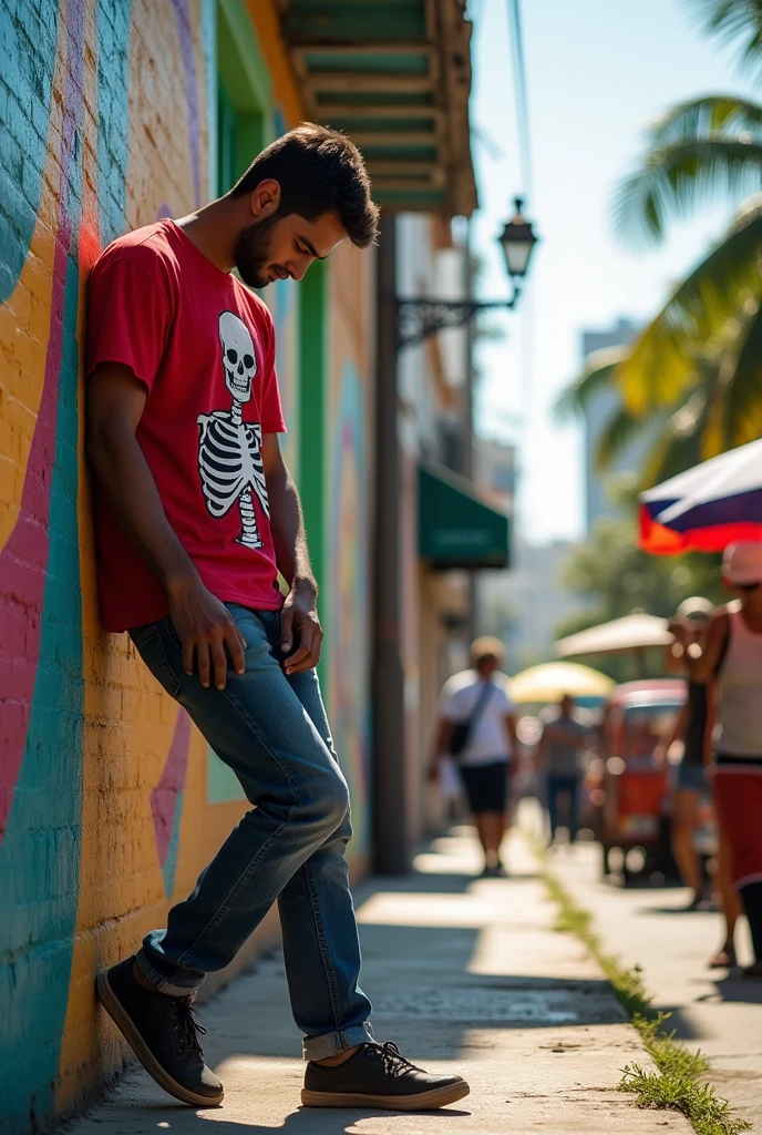 bored Brazilian person  wearing red t-shirt with skeleton design