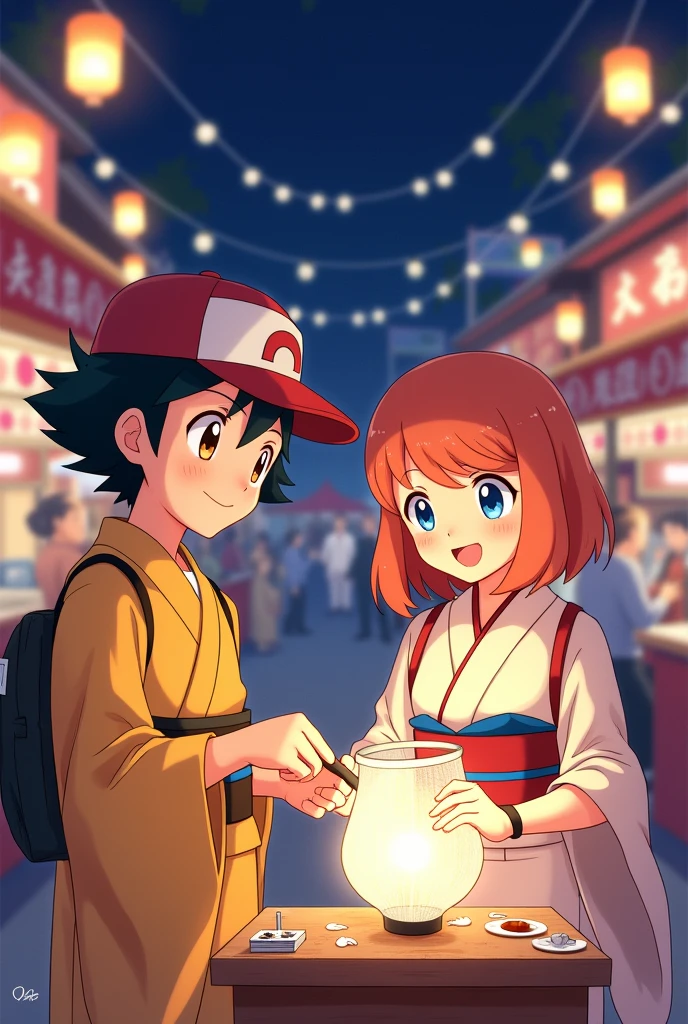 Ash and Misty anime drawing, wearing traditional Japanese clothes. Both are at a Japanese festival at night. Misty has orange hair.
Make Ash playing a fishing game with a paper net while Misty cheers him on.
Let Ash's eyes be brown and put his cap on him.. Let Misty have her hair cut to her shoulders and her eyes are navy blue.