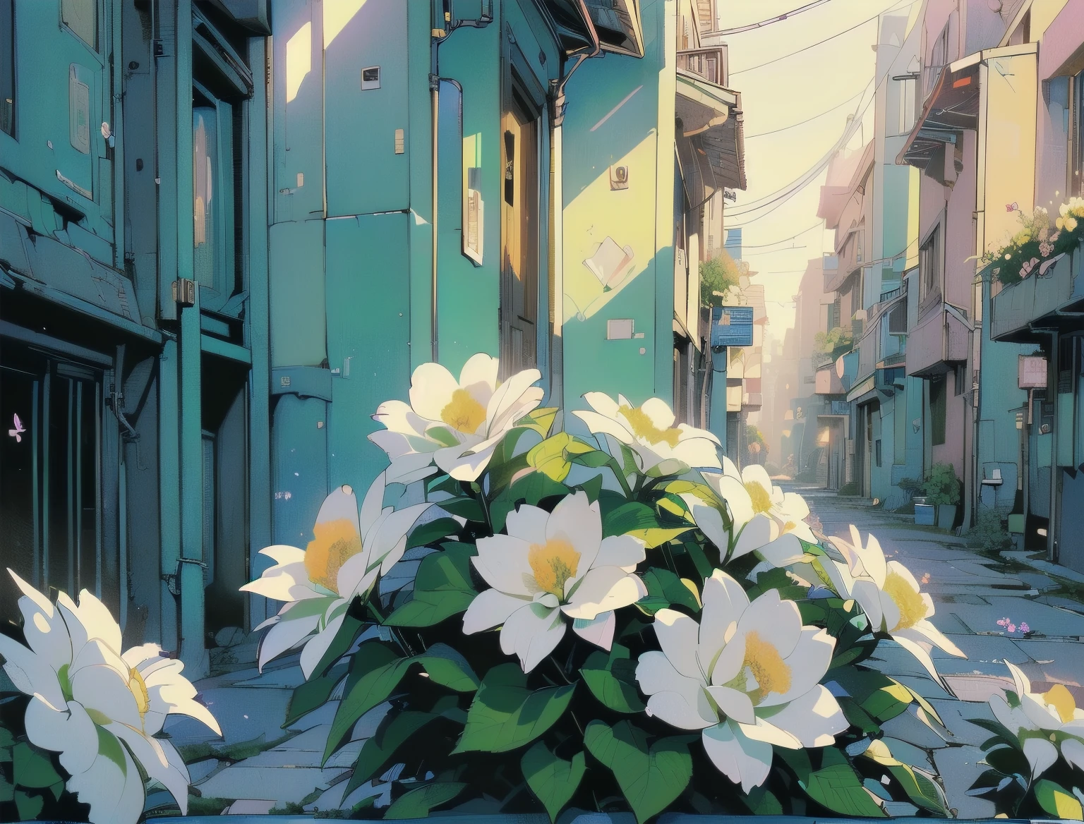 (((Masterpiece, top quality))), (((32K wallpaper))), ultra high resolution, gorgeous light leak, (((backlit))), highly detailed background, top quality, (((((no humans))))), Back alley where no human, (((White flower))),  ((((Very colorful)))), ((((Detailed and intricate futuristic alleyways))), (((Strong light shines in)))、various angles