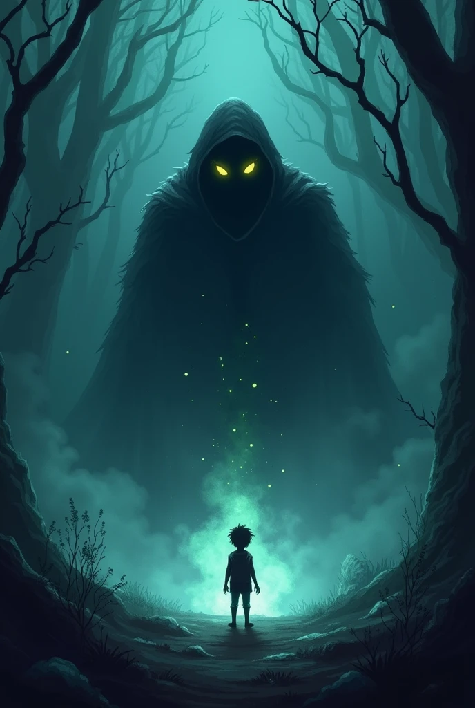 Page 14:

Prompt:

Create a 2D cartoon-style illustration of the shadowy creature in its original form, looming over Artur in a surreal dreamlike environment. The scene should be eerie and reveal the dream’s true nature.

Scene Description:

Angle and Perspective:

Use a slightly low angle to emphasize the creature’s looming presence over Artur.
Setting:

A mystical, surreal dream environment with swirling mist and dark colors.
Character:

Shadowy Creature: Shadowy, with glowing eyes and a vague, indistinct form.
Background Details:

Dream Environment: Dark mist, swirling fog, and subtle glowing particles.
Action:

The creature is revealing the truth to Artur, with the dream environment disintegrating to show the reality.