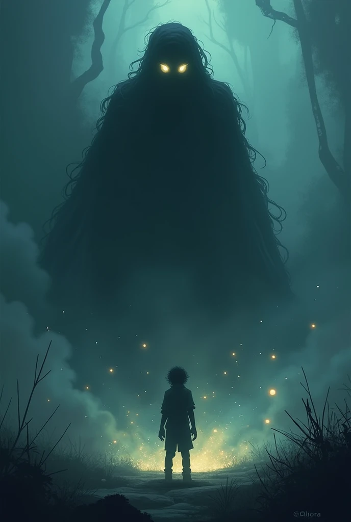 Page 14:
Prompt:
Create a 2D cartoon-style illustration of the shadowy creature in its original form, looming over Artur in a surreal dreamlike environment. The scene should be eerie and reveal the dream’s true nature.
Scene Description:
Angle and Perspective:
Use a slightly low angle to emphasize the creature’s looming presence over Artur.
Setting:
A mystical, surreal dream environment with swirling mist and dark colors.
Character:
Shadowy Creature: Shadowy, with glowing eyes and a vague, indistinct form.
Background Details:
Dream Environment: Dark mist, swirling fog, and subtle glowing particles.
Action:
The creature is revealing the truth to Artur, with the dream environment disintegrating to show the reality.