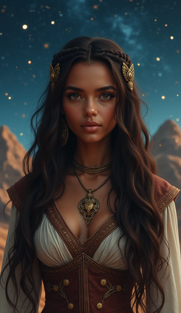School portrait photograph of a beautiful half-Spanish, half-Black woman, in your 30s, Chocolate brown hair, long wavy hairstyle, hazel eyes, EYES LOOKING DOWN, caramel skin tone, Straight Nose, heart shaped face, fleshy lips, large breasted, 30 years old, diamond face, starry sky background, Depth of field, with royal clothes ((viking Celta)) with real hair braided with feathers, High definition art, piercing, Green gentle eyes, well defined face, Mountains in Midgard detailed and sand in the background, night with glowing sand particles illuminating the scene, style artgerm, 32 mil, ultra HD, unreal mechanism rendered, hyper-realistic image, camara canon r6 objetivo 100mm 2.8f retratoo That's a smile, posando, bust behindThis isThis is. altamThis isntThis is rThis isalistic, PThis is deathThis is the burning of the African sun, appealing, hipThis isrrThis isalism, pThis is very This is elaborate, look rightThis is, night sky, futurist, (Work of artThis is artThis is, ultra detailed, A high rThis is solution) , I don't want these to be human, There is a flow of energy, This is very real, light shades of This is purple This is blue, ultra dThis is detailThis is.