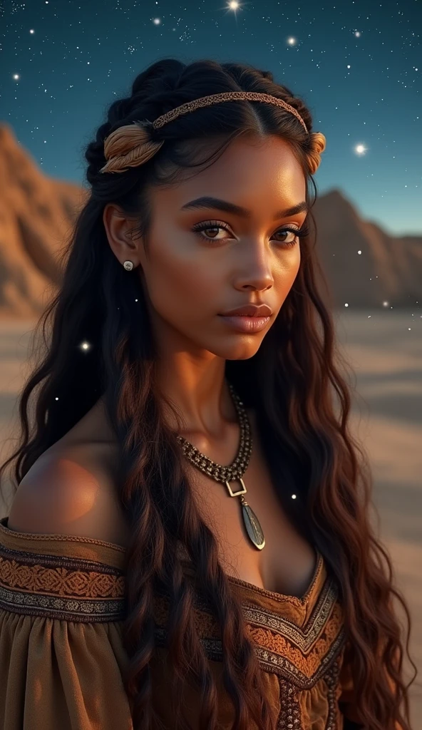 School portrait photograph of a beautiful half-Spanish, half-Black woman, in your 30s, Chocolate brown hair, long wavy hairstyle, hazel eyes, EYES LOOKING DOWN, caramel skin tone, Straight Nose, heart shaped face, fleshy lips, large breasted, 30 years old, diamond face, starry sky background, Depth of field, with royal clothes ((viking Celta)) with real hair braided with feathers, High definition art, piercing, Green gentle eyes, well defined face, Mountains in Midgard detailed and sand in the background, night with glowing sand particles illuminating the scene, style artgerm, 32 mil, ultra HD, unreal mechanism rendered, hyper-realistic image, camara canon r6 objetivo 100mm 2.8f retratoo That's a smile, posando, bust behindThis isThis is. altamThis isntThis is rThis isalistic, PThis is deathThis is the burning of the African sun, appealing, hipThis isrrThis isalism, pThis is very This is elaborate, look rightThis is, night sky, futurist, (Work of artThis is artThis is, ultra detailed, A high rThis is solution) , I don't want these to be human, There is a flow of energy, This is very real, light shades of This is purple This is blue, ultra dThis is detailThis is.