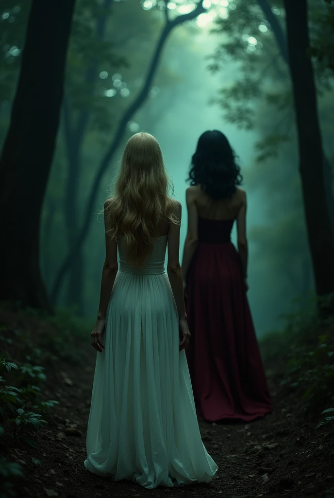Two adult girls with their backs to the viewer.
One is in the foreground and the other in the background, 
One has very long blonde hair, the other has black hair which is voluminous and medium length.
Both are in the middle of a dark, suspenseful forest..
The one with black hair is mysterious and wears a long burgundy dress.
The blonde has a long, simple white dress. 