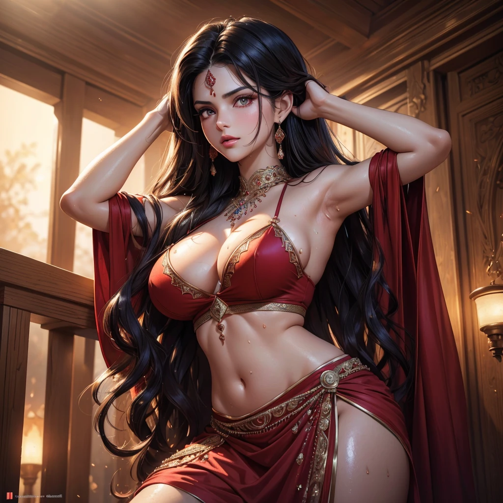 Single beautiful persian princess, wearing a fitted wet red sharara, long wavy black hair, (visible extremely sweat dripping from armpits 9.9), (fully body covered in extremely glistening and shining sweat 9.9), big breasts, white skin, backside visible with detailed facial features, beautiful detailed eyes, beautiful detailed lips, extremely detailed face, long eyelashes, portrait, (best quality,4k,8k,highres,masterpiece:1.2),ultra-detailed,(realistic,photorealistic,photo-realistic:1.37),dramatic lighting, warm color tones, vibrant colors