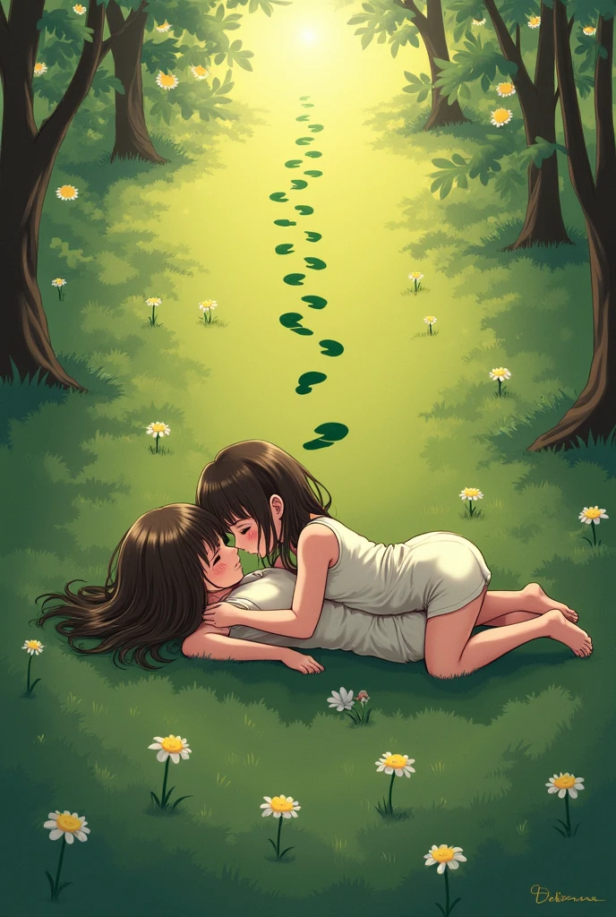 A book cover that reads "If I Had Dedicated You", You Would Have Stayed?” with a sad footprint and two adult girls together real romance lying on the grass with the letters on top 4:7