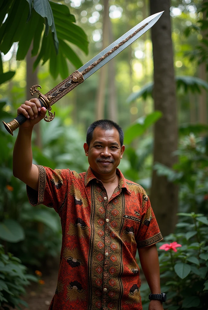 A Melayu man holds a keris, a traditional weapon of the Melayu tribe of West Kalimantan. 