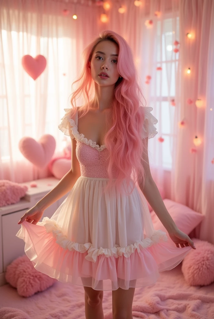 One woman。Pink hair long hair。Pink Room。Pink and white frilly outfit。Pretty face。