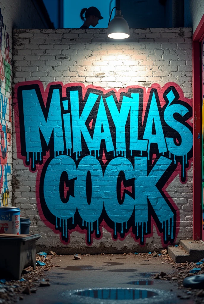 (photorealism:1.3),“MIKAYLA’S COCK”, written on a white brick wall, with blue spray paint.