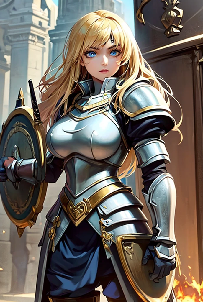 A beautiful and warrior-like woman with golden hair and blue eyes, large breasts, clad in armor with a sword and shield.