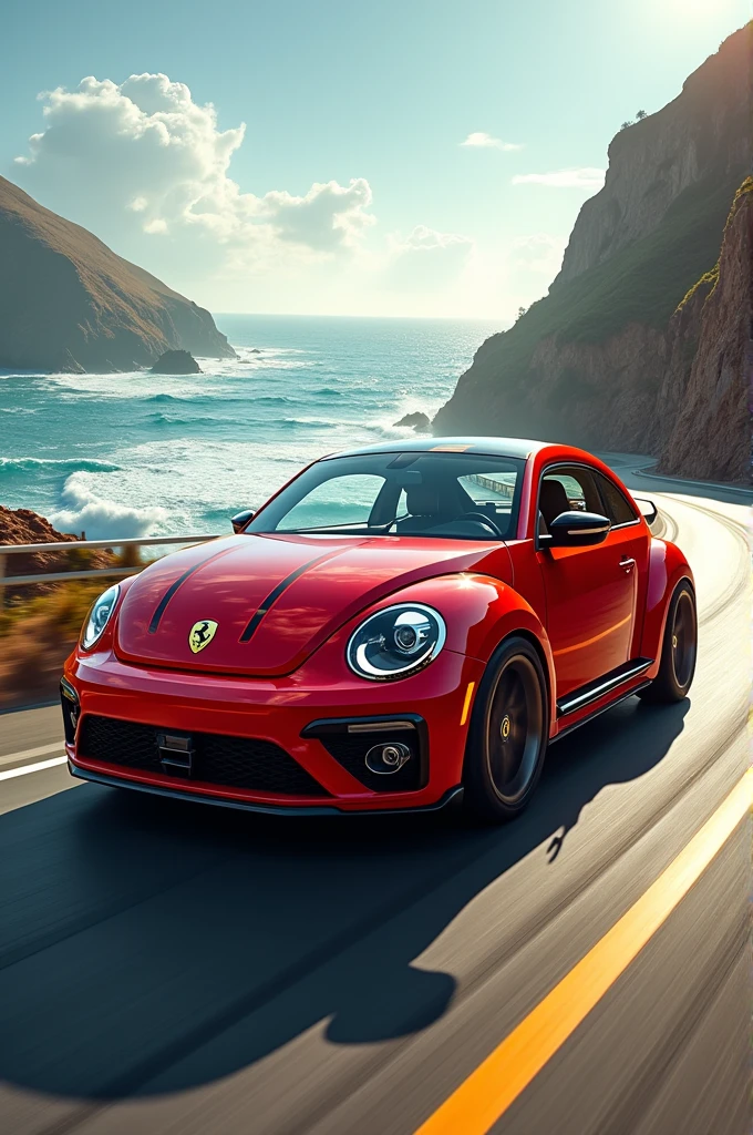 Create a red Beetle but from the Ferrari brand, a sporty Ferrari Beetle