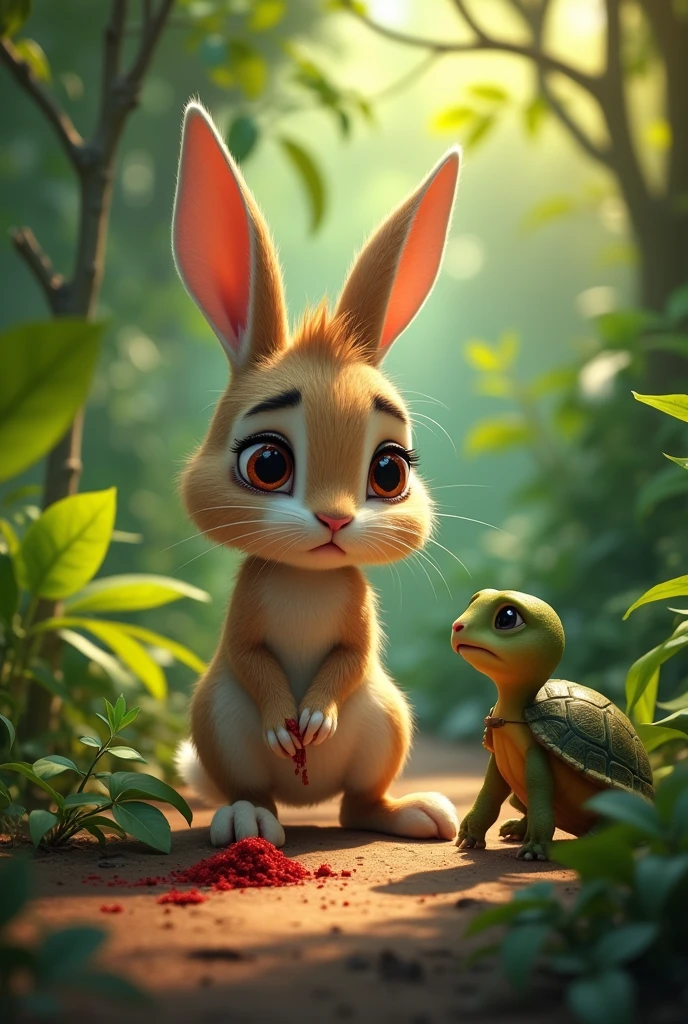 
 Ruby stepping on a sharp thorn, wincing in pain, with a close-up of her hurt paw. And ruby is sad now.

Ruby is a rabbit, Tilly is a turtle, and the background is jungle