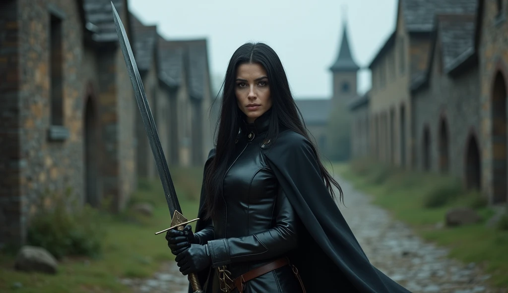 Woman, caucasiana, 33 years old, Bblack hair, "straight and loose hair", Brown eyes, Oval face, black cloack, arched eyebrow, black leather outfit, background of an abandoned medieval village, wielding a medium sword, drawning.