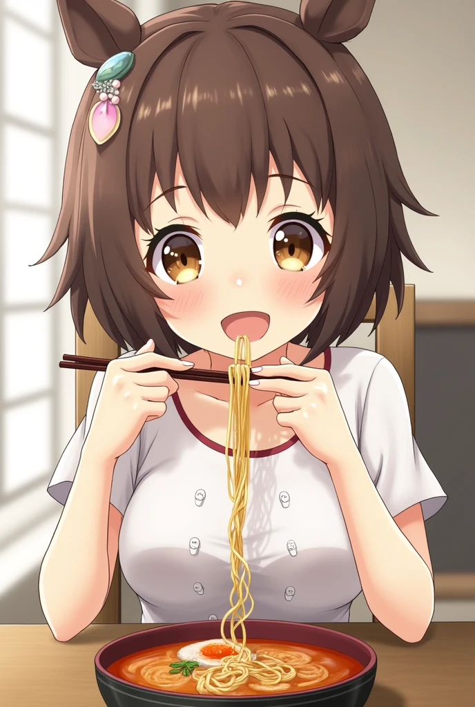 Highest quality、High resolution、Detailed Background、(Beautiful face in every detail:1.4)、10-year-old anime girls、Anatomically correct、Normal number of fingers、Detailed eyes、Highly detailed face、(Huge breasts:1.2)、Perfect body line、Brown Hair、Bobcut、well-groomed eyebrows、Beach House、
(A beautiful girl eating ramen with gusto.:1.5)、very beautiful