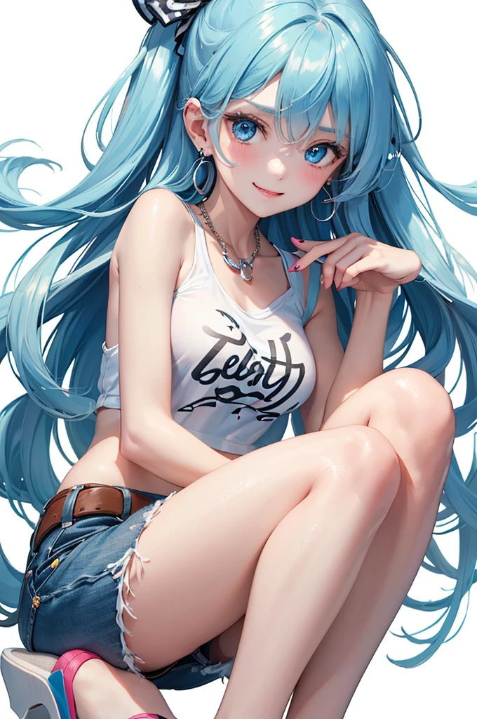 Best Quality,High resolution,8k,(plain white background, no patterns, no textures, just a plain white background:1.3),Masterpiece:1.2),beautiful girl,Shiny light blue hair,messy hair,Beautiful light blue eyes,A teenage girl in a vibrant, oversized graphic tee or tank top with a striking design or bold colors, paired with high-waisted shorts made of lightweight, colorful cotton or patterned fabric. She is wearing eye-catching sneakers with unique patterns or platform sandals with bright straps. Accessories include chunky, layered necklaces and statement earrings,Gentle look,A refreshing look,smile,Best quality,Best Quality,Aesthetic and aesthetic:1.2,Best details((Super detailed))(High-definition CG illustrations),Slender body,smile,blush,cute,Scrounge,Looking up,Being spoiled,super model