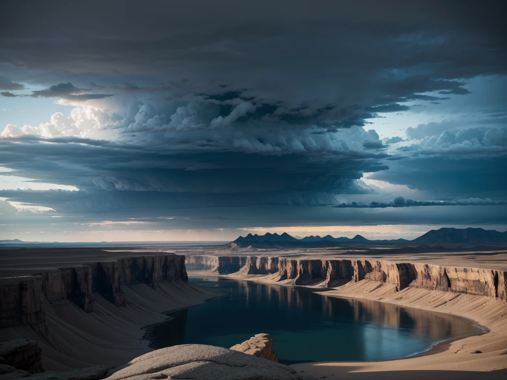a beautiful detailed landscape, a vast desolate desert, rocky mountains in the background, a vast expanse of calm waters, no sunlight, atmosphere and dramatic lighting, the sky full of heavy clouds like cumulonimbus, lots of water falling from those clouds, like a storm, photorrealistic, 8k, ultradetailed, extremely detaild, details Intricate, cinematographic, Dramatic, temperamental, Epic scale, inspirational, espiritual, biblical, Genesis chapter 1.