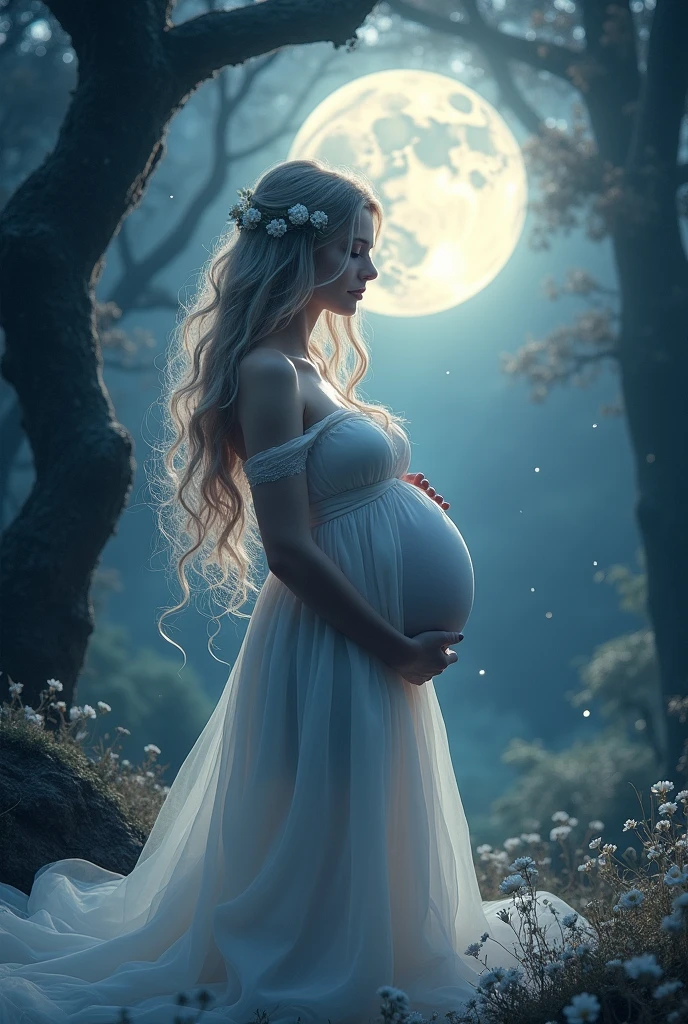 pregnant woman with a waning moon in place of her belly
