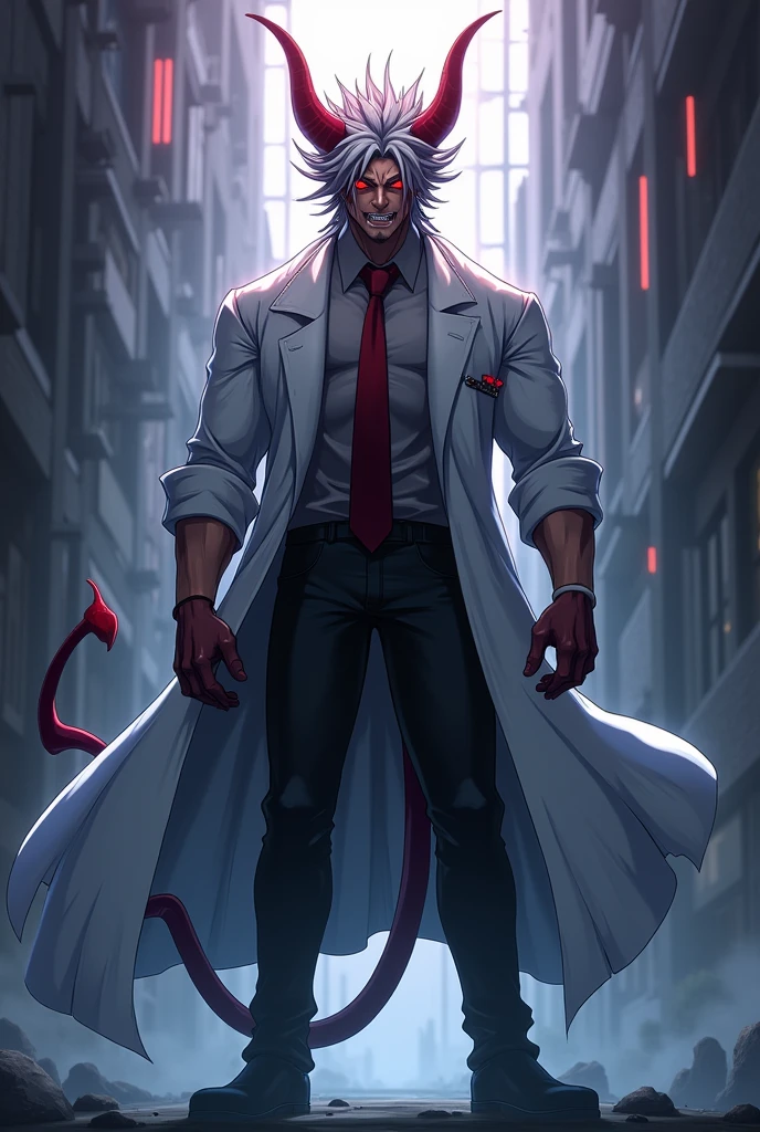 Create an anime man with a height of 2.20cm, wide and muscular body, He has a domineering gaze with downcast eyes and a gaze directed towards the outer edge and upward, pubic hair on the chin and chest, oval gold earrings on his two ears, brown skin, spiky gray hair, dominant eyes and red eyes, Fangs, large, deep red horns. Dress him in a long doctor's coat with rolled up sleeves and a burgundy tie, that he shows his muscular chest, black pants and black shoes, black gloves, demon tail.