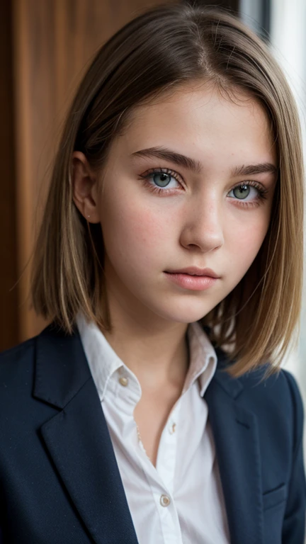 ((Ultra Detail)), Beautiful Art, 18 yo blonde teen girl . Full lips. Eyes wide. ((Very short hair)), uhd, high details, best quality,, school blazer, private school girl, unbuttoned