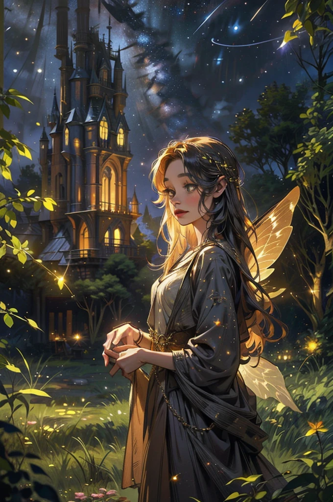 a very detailed photography of a fairy tale tower with a lot of fireflies, starry night, fantasy, hyperrealistic