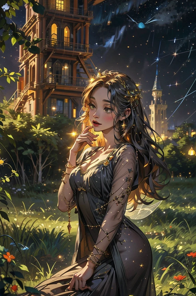 a very detailed photography of a fairy tale tower with a lot of fireflies, starry night, fantasy, hyperrealistic