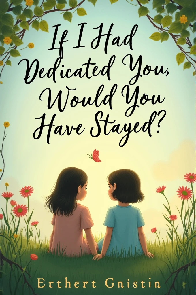 A book cover reading “If I Had Dedicated You, Would You Have Stayed?” with a sad footprint and two girls sitting on the grass with the letters on top 4:7
