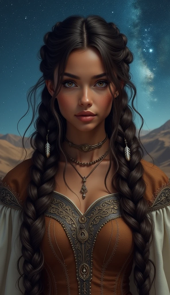 School portrait photograph of a beautiful half-Spanish, half-Black woman, in your 30s, Chocolate brown hair, long wavy hairstyle, hazel eyes, EYES LOOKING DOWN, caramel skin tone, Straight Nose, heart shaped face, fleshy lips, large breasted, 30 years old, diamond face, starry sky background, Depth of field, with royal clothes ((viking Celta)) with real hair braided with feathers, High definition art, piercing, Green gentle eyes, well defined face, Mountains in Midgard detailed and sand in the background, night with glowing sand particles illuminating the scene, style artgerm, 32 mil, ultra HD, unreal mechanism rendered, hyper-realistic image, camara canon r6 objetivo 100mm 2.8f retratoo That's a smile, posando, bust behindThis isThis is. altamThis isntThis is rThis isalistic, PThis is deathThis is the burning of the African sun, appealing, hipThis isrrThis isalism, pThis is very This is elaborate, look rightThis is, night sky, futurist, (Work of artThis is artThis is, ultra detailed, A high rThis is solution) , I don't want these to be human, There is a flow of energy, This is very real, light shades of This is purple This is blue, ultra dThis is detailThis is.