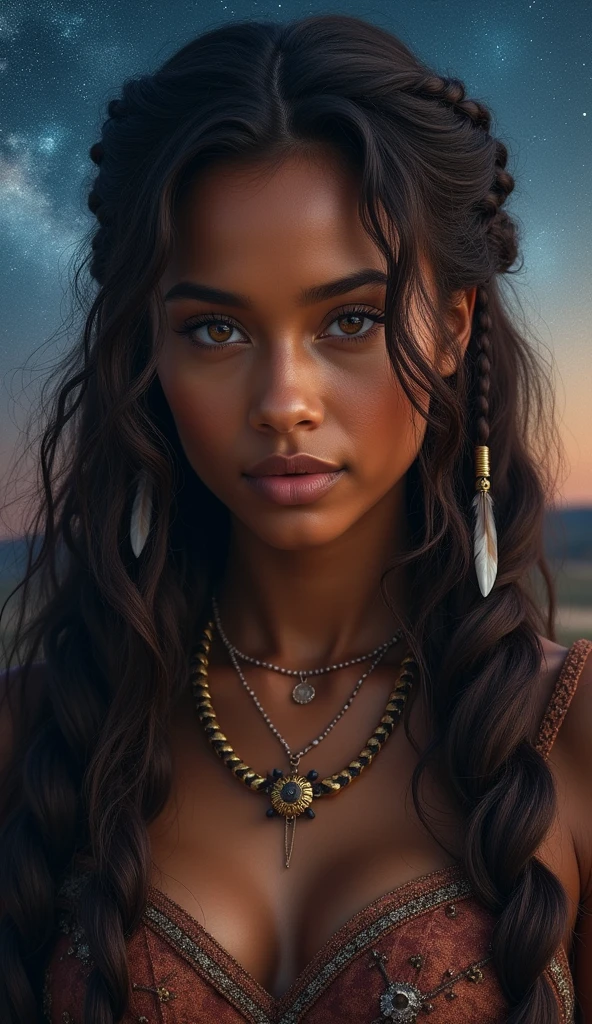 School portrait photograph of a beautiful half-Spanish, half-Black woman, in your 30s, Chocolate brown hair, long wavy hairstyle, hazel eyes, EYES LOOKING DOWN, caramel skin tone, Straight Nose, heart shaped face, fleshy lips, large breasted, 30 years old, diamond face, starry sky background, Depth of field, with royal clothes ((viking Celta)) with real hair braided with feathers, High definition art, piercing, Green gentle eyes, well defined face, Mountains in Midgard detailed and sand in the background, night with glowing sand particles illuminating the scene, style artgerm, 32 mil, ultra HD, unreal mechanism rendered, hyper-realistic image, camara canon r6 objetivo 100mm 2.8f retratoo That's a smile, posando, bust behindThis isThis is. altamThis isntThis is rThis isalistic, PThis is deathThis is the burning of the African sun, appealing, hipThis isrrThis isalism, pThis is very This is elaborate, look rightThis is, night sky, futurist, (Work of artThis is artThis is, ultra detailed, A high rThis is solution) , I don&#39;t want these to be human, There is a flow of energy, This is very real, light shades of This is purple This is blue, ultra dThis is detailThis is.