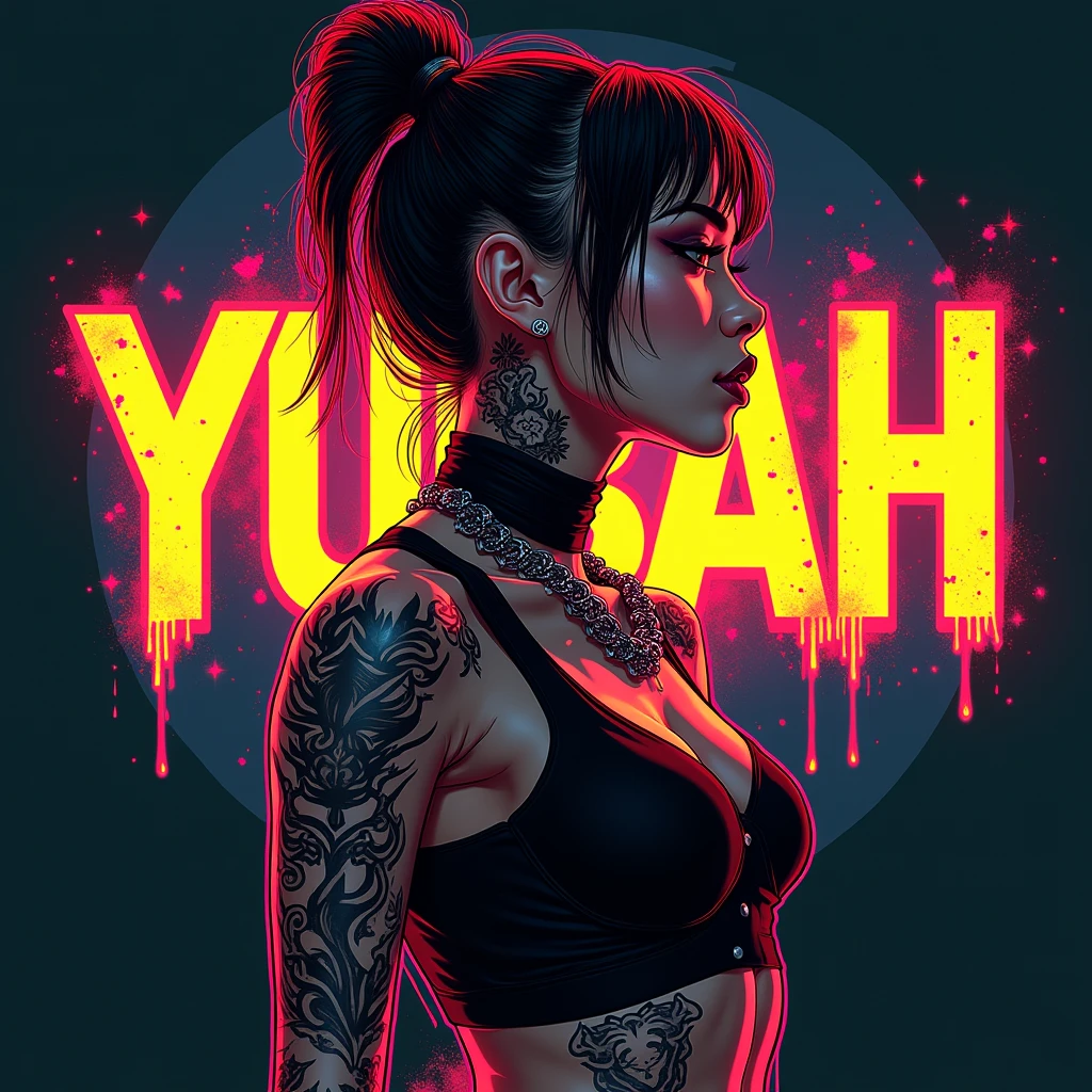 Asian Girl Rapper, super pretty, face_tattoos, side view, action, cartoon, Album cover, "YUBAH", Letters say YUBAH, Album Cover, dark, explosion, full body, comic style, gangster, tech wear outfit, dynamic