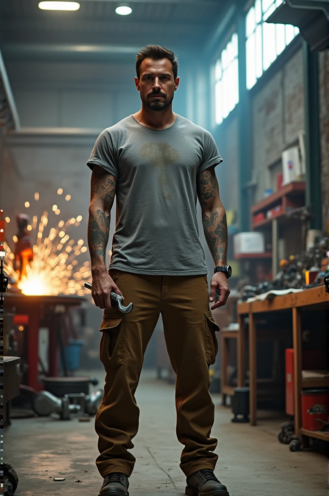 Generates Tony Stark in workman's clothes