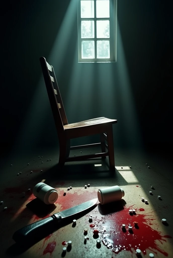 Well in this activity I need to represent a supposed suicide so here are the things I need in the image:
A completely dark room;
A single lighting coming from the window with square glass panes(4 window division), through the window you can see the reflection of a ray (which was the reason for the lighting);
An old wooden chair fallen;
A bottle of white medicines fallen on the floor next to the chair;
Some blood drops dripped near the aspirins;
A bloody blade near the blood drops;
A fallen glasses with one of its lenses cracked;
And finally the glimpse of a human foot, with a dress shoe and a leg with a tailored pants (I want one of the legs to appear in a glimpse, soli), he will be hanging by the neck Do exactly EVERYTHING that is described Remembering it is a simulation