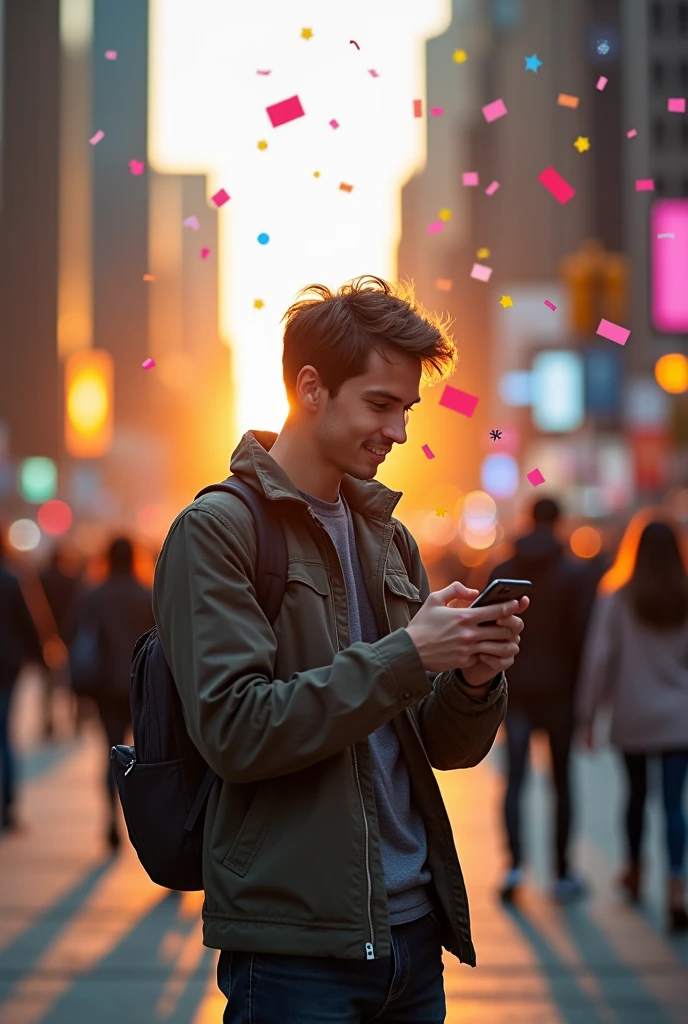 Create a picture of a person with a mobile phone in his hand. The person is standing on the street, looking at their phone, and sees that their follower count has rapidly increased, and you can see it popping up.