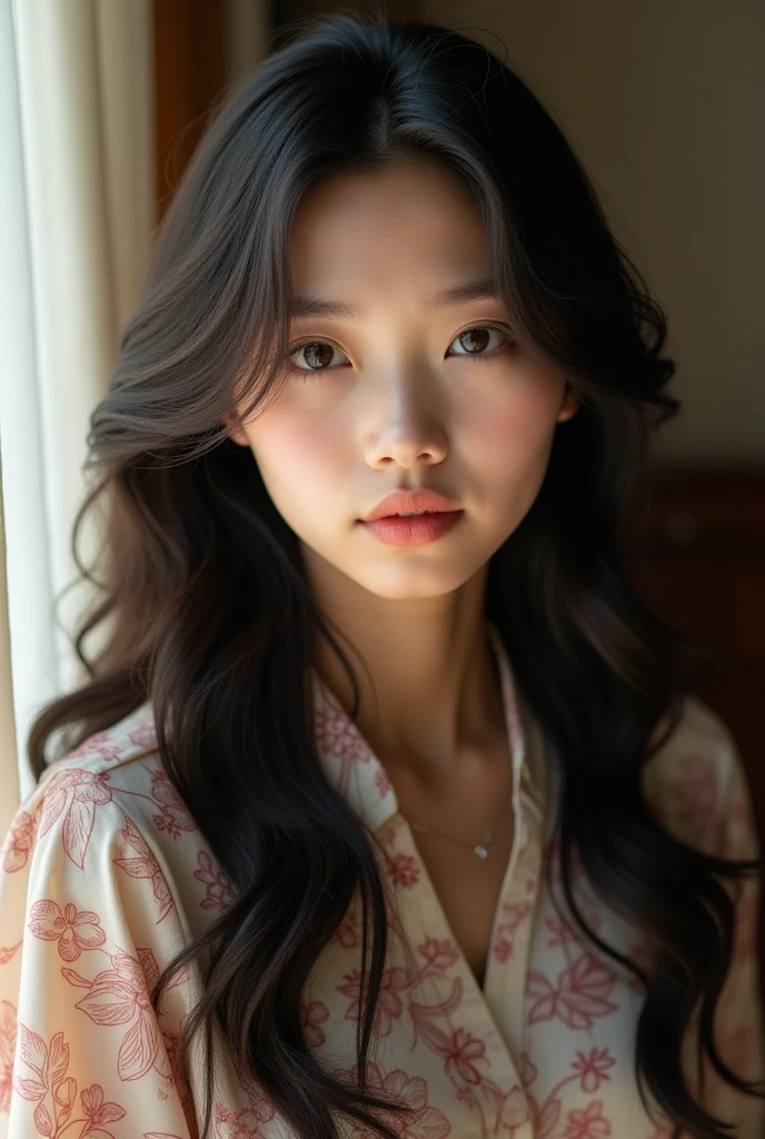 Highest quality, Face Focus, Soft Light, Ultra-high resolution, (Realistic:1.4), RAW Photos, 1 Japan, alone, cute, (pupil, Light in your eyes), Beautiful face in every detail, (Small box),(High resolution detail of human skin texture), (Long Hair), indoor, Damask Shirt Dress, (Portraiture)