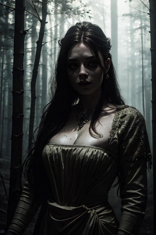 A hyperrealistic very pale woman with a long messy-straight redhair, freckled skin, skin pores, realistic textured skin, illuminated skin, wearing twigs on her head, wearing a white gothic dirty old dress. she is dancing in a forest around a big bonfire. Realistic textures, dark horror atmosphere, with dramatic lighting and intricate details in both the woman and the surroundings. A dark fantasy horror forest design, with shadows and light playing off her, intricate details, high contrast, high sharpness , (extremely detailed 8k wallpaper), (natural lighting), high qualiy, film grain, Sharp focus Fujifilm XT3, f5.6, 135mm, high détail, sharp focus, (external light), crazy details, complexdetails, hyperdetailed,