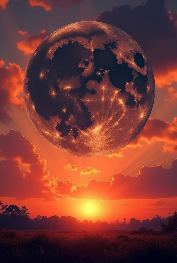 A sunset landscape with a giant moon in the background, its face grim and staring directly at me.