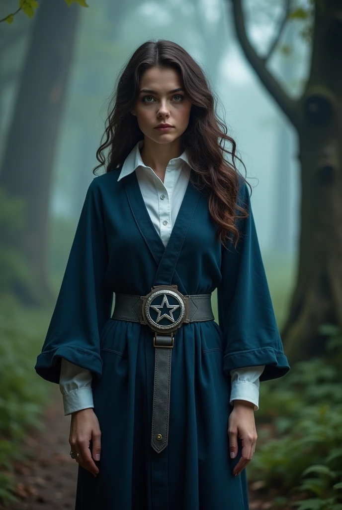 You can come to a bad young woman with her uniform which is a dark blue tunic with a gray belt with a leather belt to hold her magic wand, a white shirt and a five-pointed star surrounded by a circle that is the emblem and the girl is an 18-year-old girl with dark brown hair and green eyes.