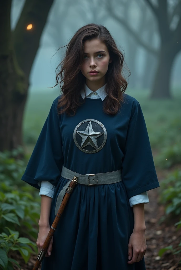 You can come to a bad young woman with her uniform which is a dark blue tunic with a gray belt with a leather belt to hold her magic wand, a white shirt and a five-pointed star surrounded by a circle that is the emblem and the girl is an 18-year-old girl with dark brown hair and green eyes.