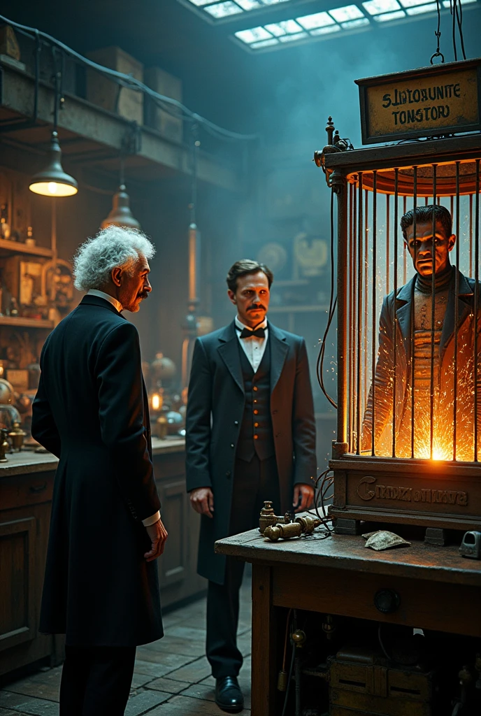 Make an image with 3 characters
1 Nikola tesla
2 Michael Faraday (with white hair)
3 Frankstein The scene is in a laboratory and Frankstein is inside an electric cage (written by Faraday in Portuguese)