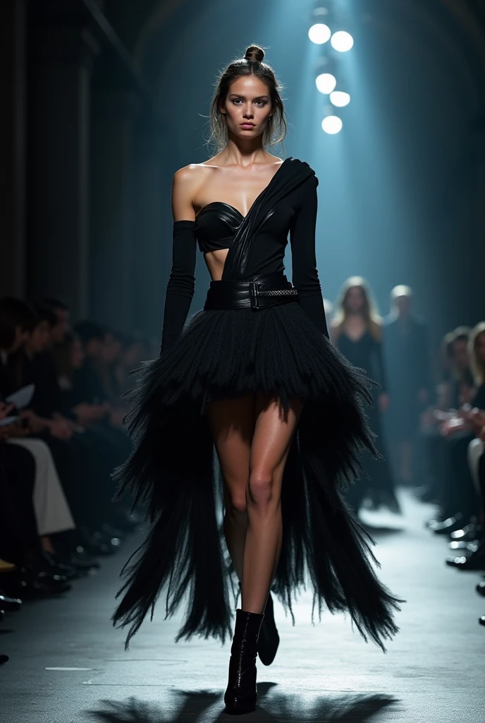 fashionable Paris Fashion Week model Autumn/Winter 2024-2025 knit styles Women Sophisticate magician Gothic Avant-garde Not too straightforward in expression The craftsmanship is subtly incorporated. Volumie Asymmetry topless mini skirt