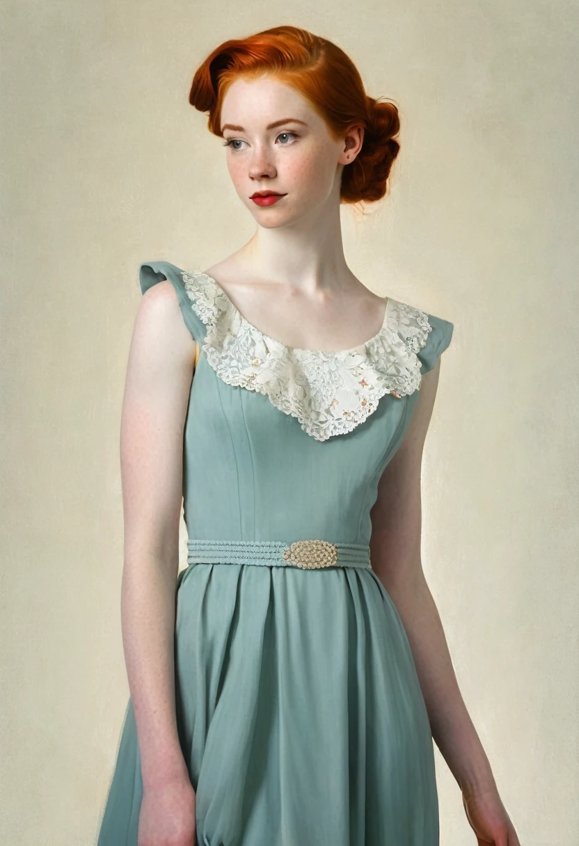 pale skin muscular redhead 18 year old woman long dress in the style of Norman Rockwell