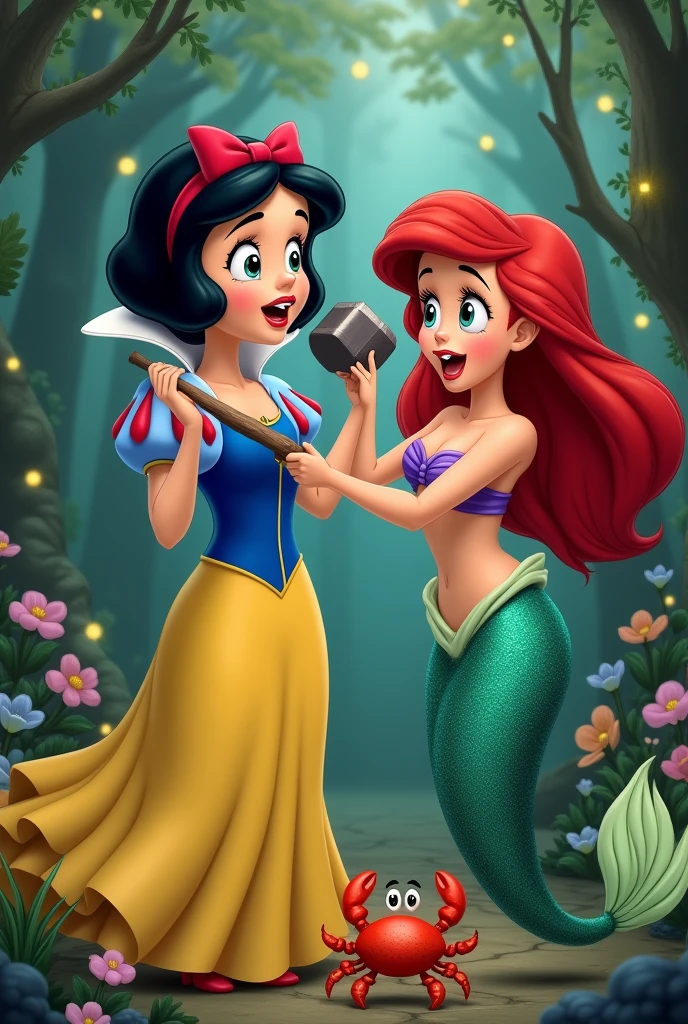 ((Full body photo, standing, feet on the floor)) Snow White hitting the little mermaid with a hammer and a crab pinching the little mermaid&#39;s buttock 

