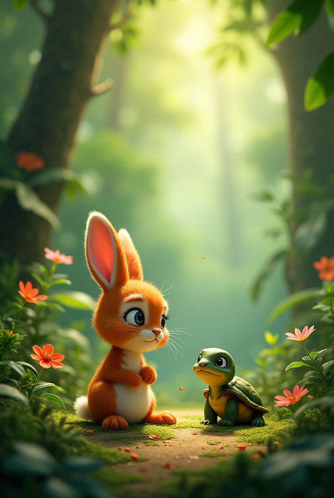 Ruby sitting down, tears in her eyes, holding her paw.
Ruby is a orange rabbit, Tilly is a turtle, and the background is jungle