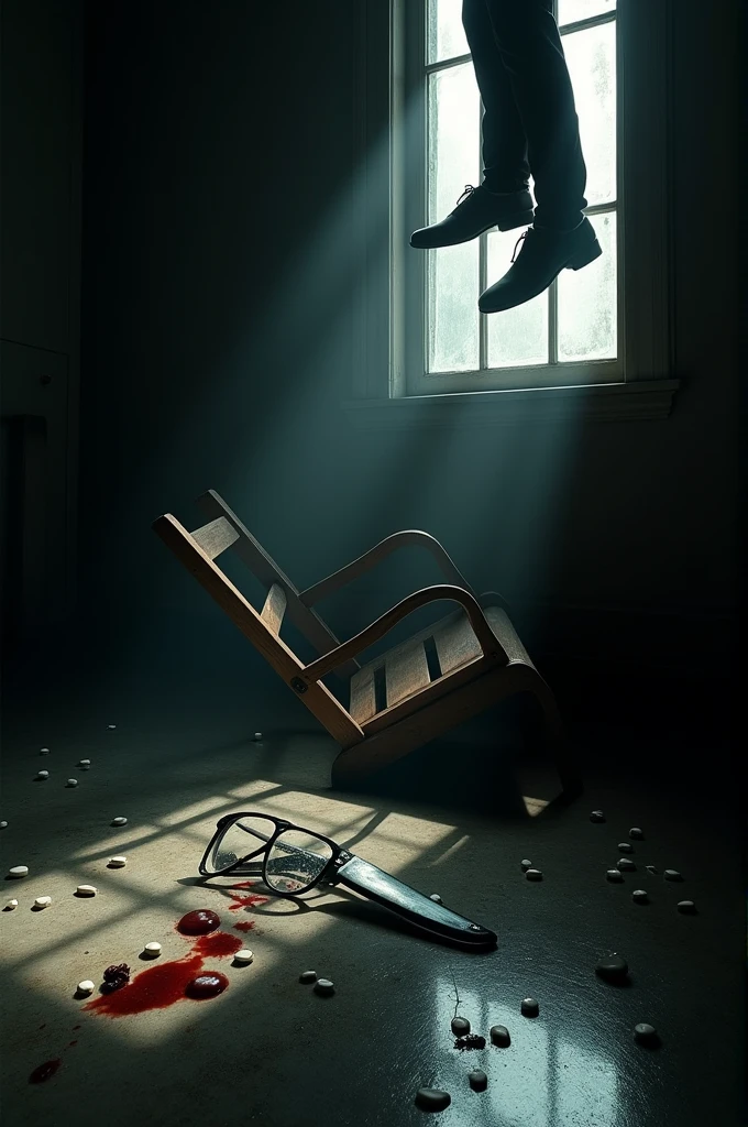 Well in this activity I need to represent a supposed suicide so here are the things I need in the image:
A completely dark room;
A single lighting coming from the window with square glass panes(4 window division), through the window you can see the reflection of a ray (which was the reason for the lighting);
An old wooden chair fallen;
A bottle of white medicines fallen on the floor next to the chair;
Some blood drops dripped near the aspirins;
A bloody blade near the blood drops;
A fallen glasses with one of its lenses cracked;
And finally the glimpse of a human foot, with a dress shoe and a leg with a tailored pants (I want one of the legs to appear in a glimpse, soli), he will be hanging by the neck Do exactly EVERYTHING that is described Remembering it is a simulation