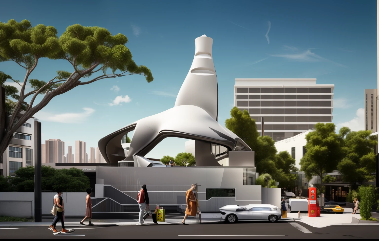 A futuristic and stunningly beautiful high-rise shopping center architectural structure with bold, futuristic design elements, blending seamlessly into the art form of digital illustration. Inspired by the works of Syd Mead. The scene showcases the center amidst a bustling city, its sleek lines contrasting with the urban environment. A warm color temperature adds vibrancy, highlighting the architectural details. Shoppers and visitors exhibit expressions of awe and excitement. Illuminated by soft, diffused lighting, the atmosphere exudes sophistication and promise of tomorrow
(masterpiece),(high quality), best quality, real,(realistic), super detailed, (full detail),(4k),8k,no humans, scenery, building, ((500-meter tall buildings)),outdoors, window, road, sky, street, lamppost, tree, power lines,,Organic modernist architecture, glass curtain walls, interesting shapes, super high-rise buildings in the block