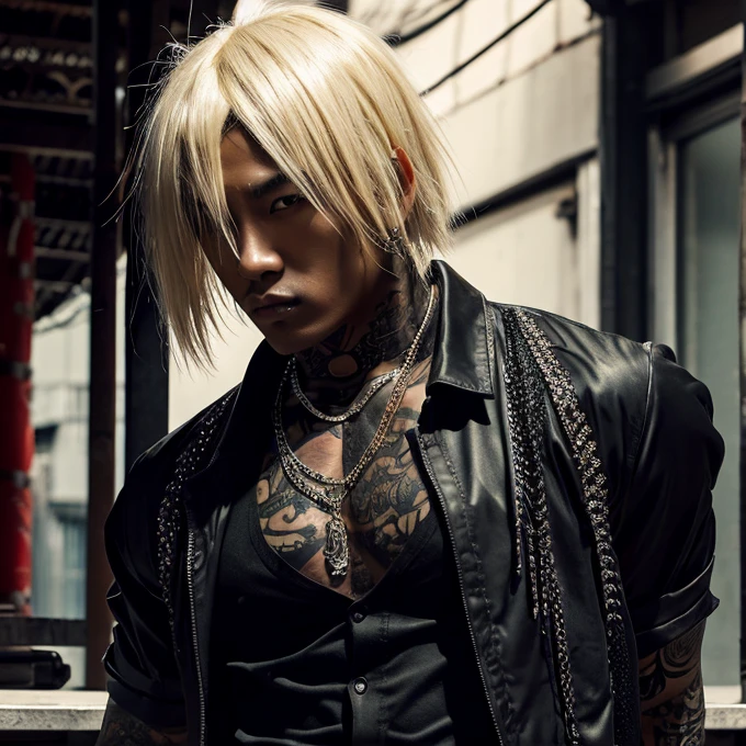 1 man, Japanese man, male, Asian eyes, muscular, broad shoulders, yakuza tattoos, hairstyle Visual Kei style, hair Visual Kei, black men's shirt and black pants, ultra detailed face, hyperrealistic, realistic representation, long hair, long hair, 30 years old, age 30 years, blonde hair