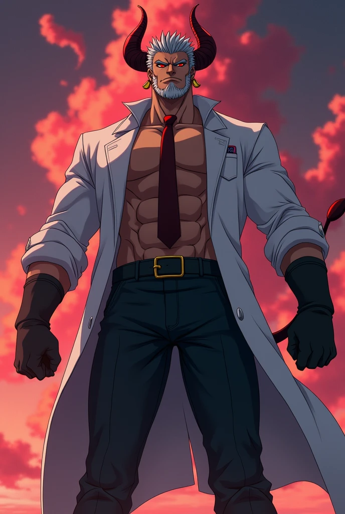 Create an anime man with a height of 2.20cm, wide and muscular body, He has a domineering gaze with downcast eyes and a gaze directed towards the outer edge and upward, pubic hair on the chin and chest, oval gold earrings on his two ears, brown skin, spiky gray hair, dominant eyes and red eyes, Fangs, large, deep red horns. Dress him in a long doctor's coat with rolled up sleeves and a burgundy tie, that he shows his muscular chest, black pants and black shoes, black gloves, demon tail.