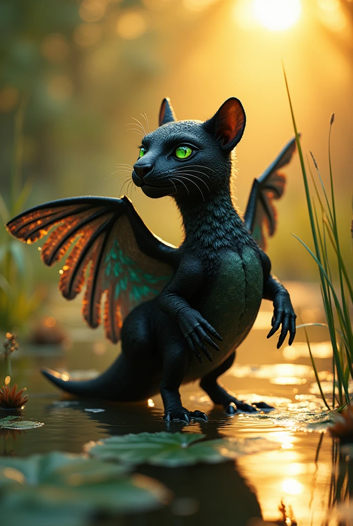 A chimera between a panther and a duck, shaped like an amphibian, webbed feet